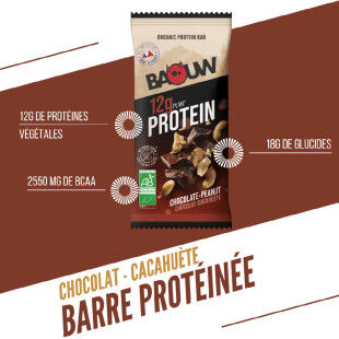 Barrita proteica ecológica de chocolate y cacahuete – Baouw | 12 g de proteínas