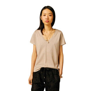 Sun Valley Pechao - Sand: Women's sequined V-neck T-shirt for everyday wear