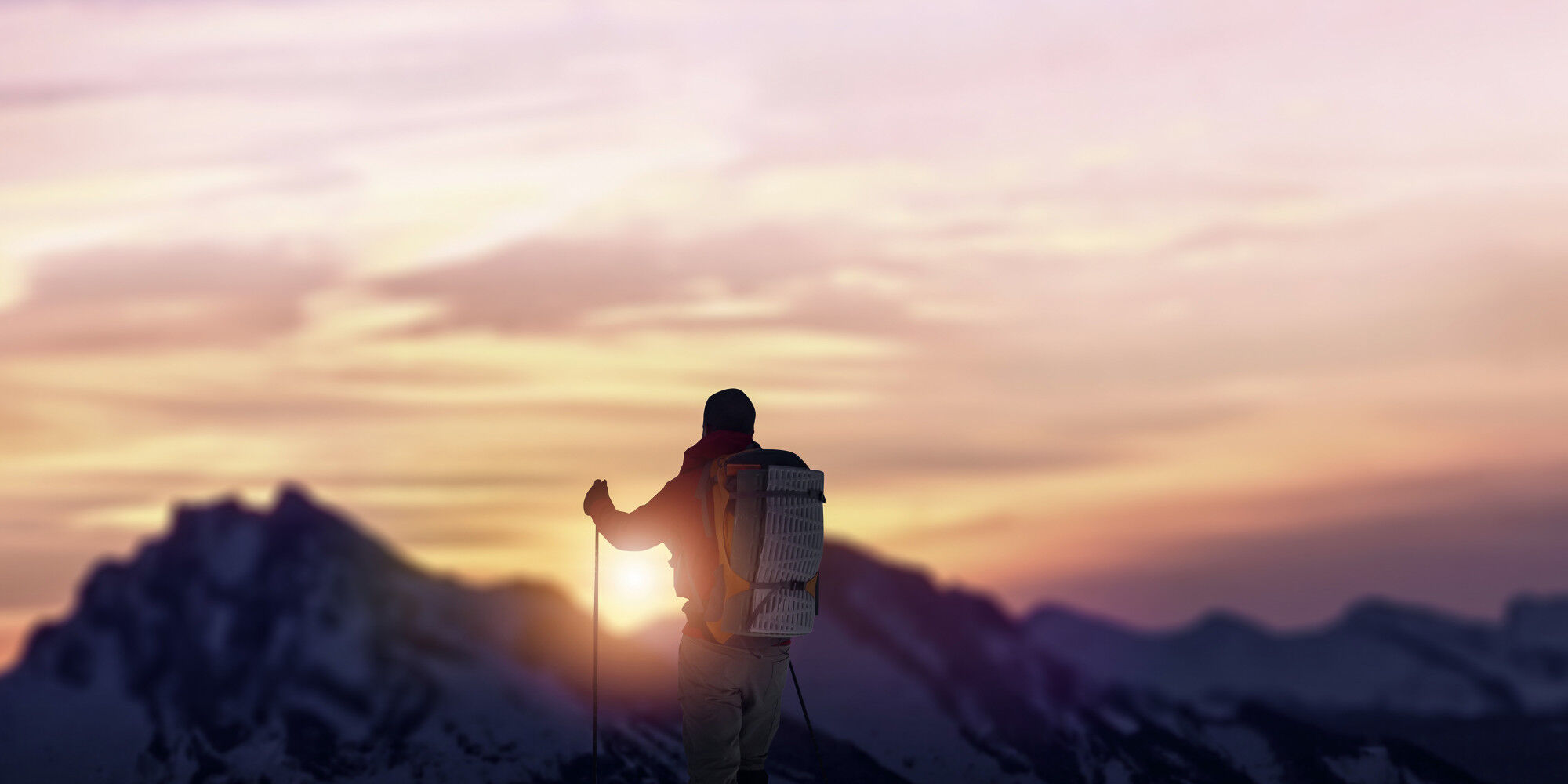 Wanderer mit einem Wanderrucksack und Wanderstöcken
				        