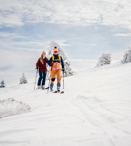 two people ski touring in snowy mountains
		                        