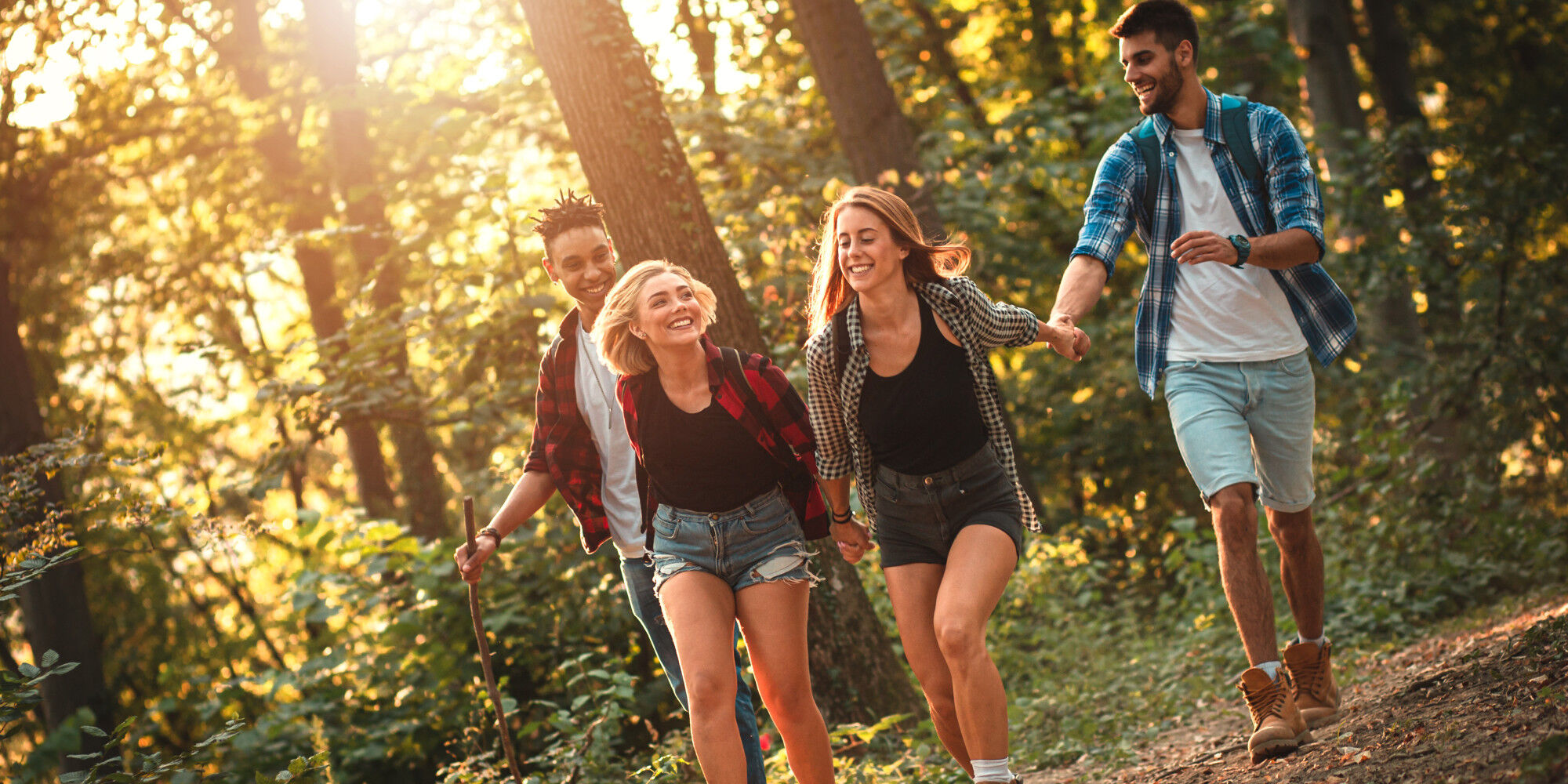 hikers with hiking shirts
				        