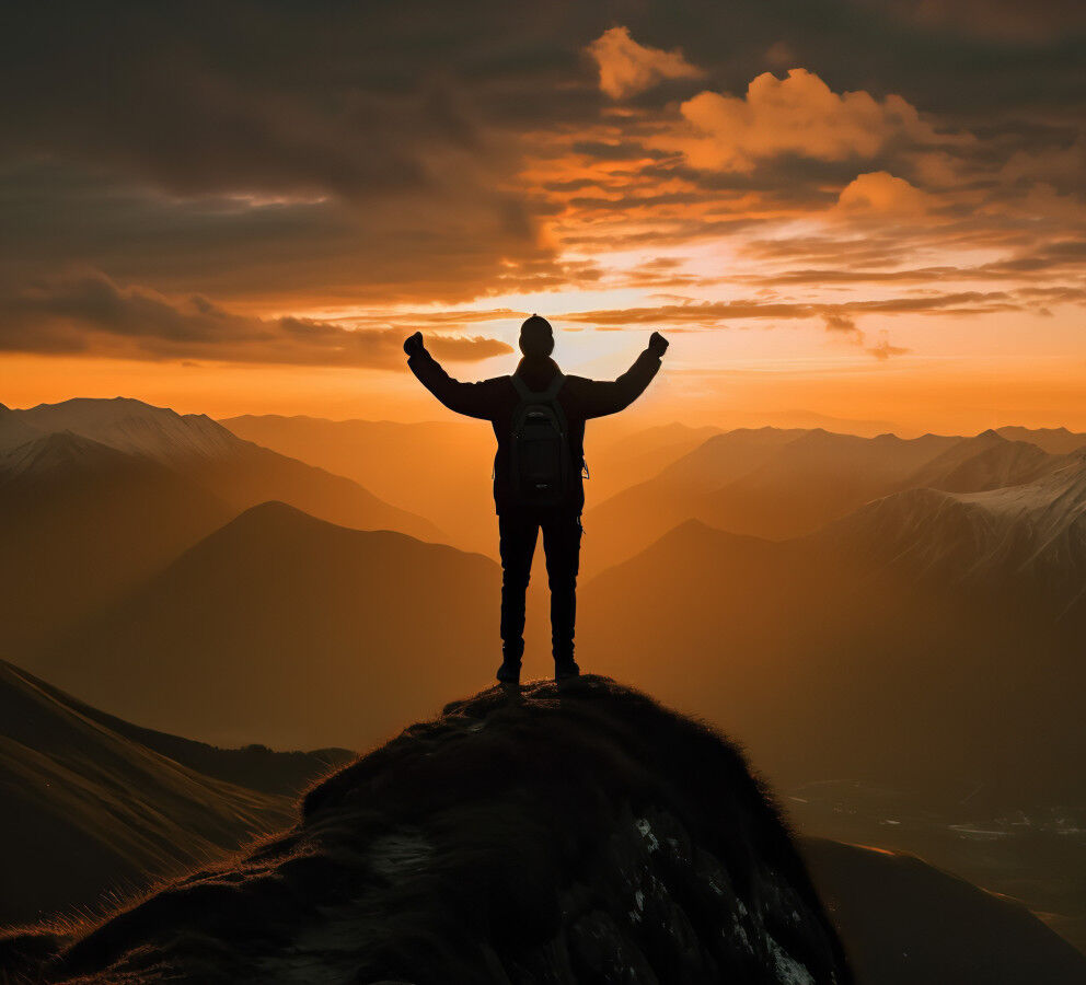 homme au sommet de la montagne face au coucher de soleil
