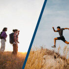 two female hikers and one male trail runner
			                