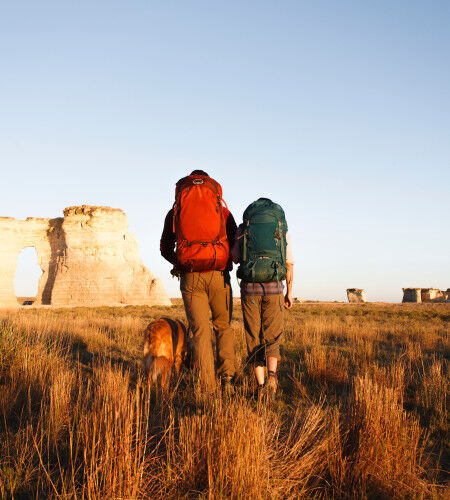 randonneurs en sacs à dos dans la plaine
			                        